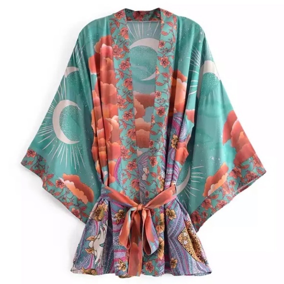 Accessories - Green Cosmic Galaxy Moon Boho Short Kimono Coverup Robe